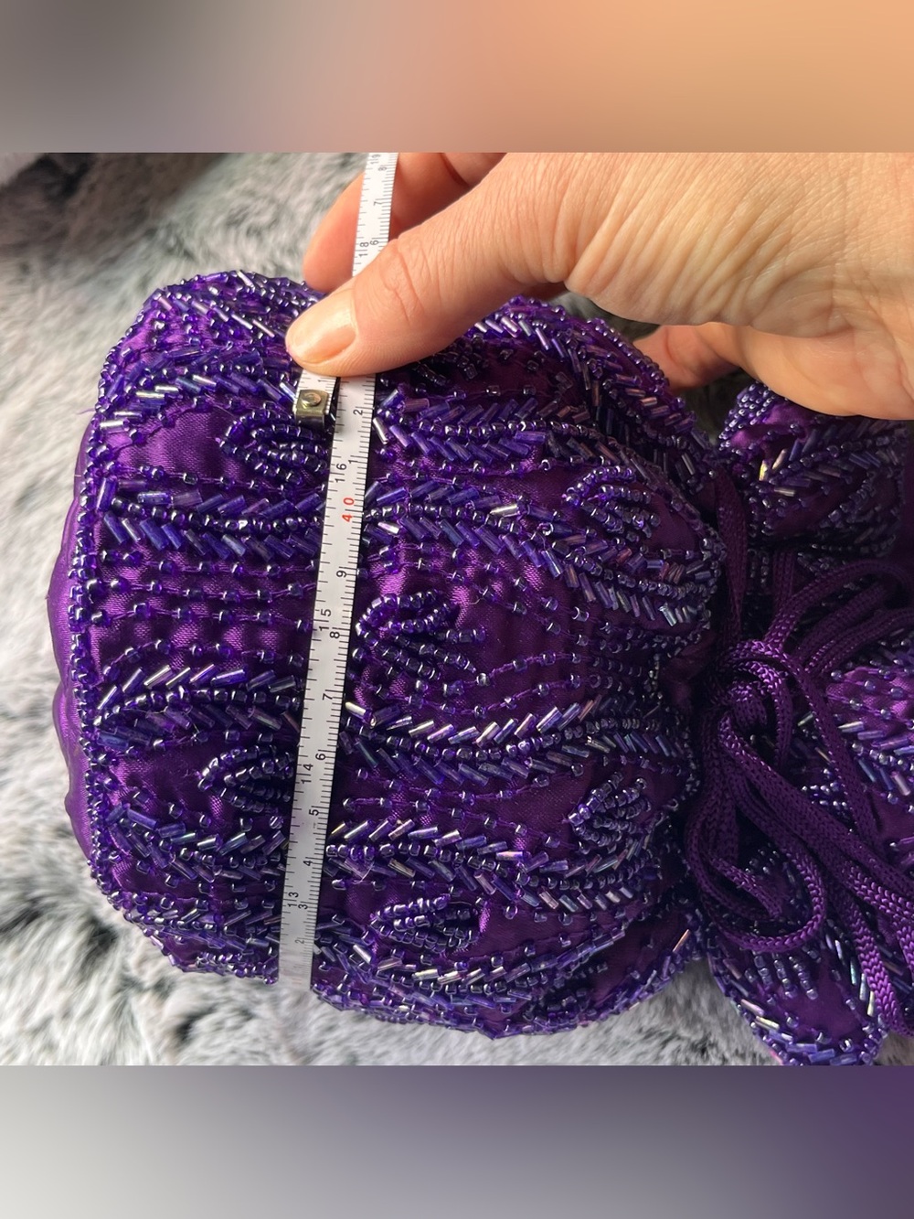 Artisan Purple Glass Beaded Drawstring Bucket Bag, Hand Embellished - Picture 10 of 15